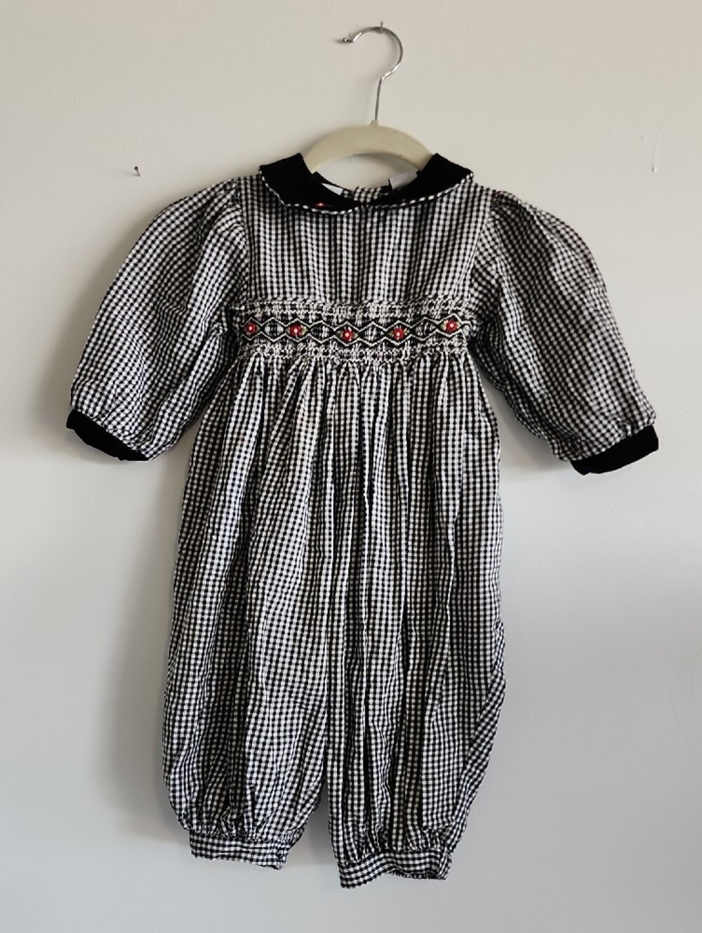 Girls Black & White Gingham Smocked Dress Romper